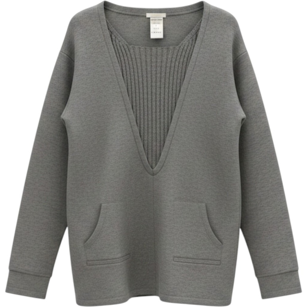 Chloe France GrisMoyen Grey V-Neck Ribbed Inset Long Sleeve Top L 11AJT10-11A085